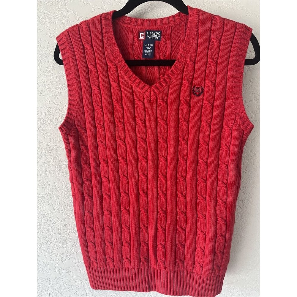 Chaps Cable Knit Sweater Vest RED Boys L 14/16 100%cotton